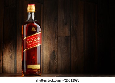POZNAN, POLAND - MAY 18, 2016: Johnnie Walker is the most widely distributed brand of blended Scotch whisky in the world with sales of over 130 million bottles a year.