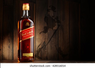 POZNAN, POLAND - MAY 18, 2016: Johnnie Walker is the most widely distributed brand of blended Scotch whisky in the world with sales of over 130 million bottles a year.