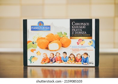 POZNAN, POLAND - Nov 13, 2016: A Closeup Of Family Fish Brand Fish Sticks In A Box With Children On It