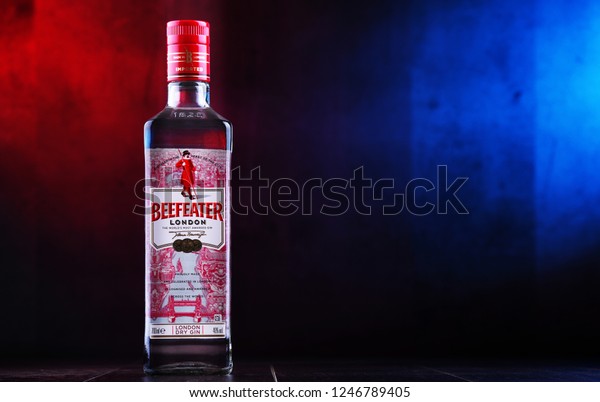 POZNAN, POLAND - NOV 29,\
2018: Bottle of Beefeater Gin, a brand of gin owned by Pernod\
Ricard and bottled and distributed in the UK, by the company of\
James Burrough.