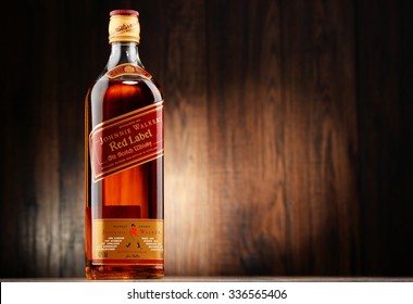 POZNAN, POLAND - NOVEMBER 4, 2015: Johnnie Walker is the most widely distributed brand of blended Scotch whisky in the world with sales of over 130 million bottles a year.