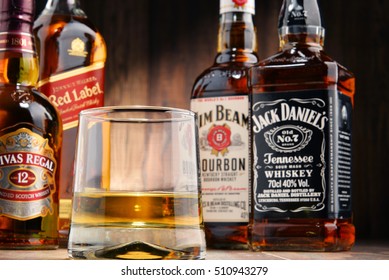 POZNAN, POLAND - OCT 12, 2016: Whiskey is the most popular liquor in the world. Originated probably in Ireland, now it is produced also in India, Scotland, USA, Canada and Japan.