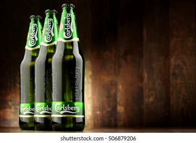 POZNAN, POLAND - OCT 28, 2016: Carlsberg globaly distributed pale lager beer produced by Carlsberg Group, a Danish brewing company founded in 1847 with headquarters located in Copenhagen, Denmark