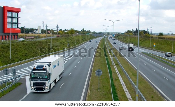 Poznan, Poland - October 2th 2022 - Polish A2\
motorway with cars and\
trucks.