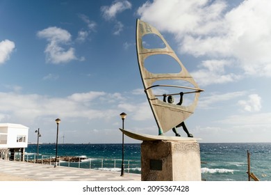Pozo Izquierdo, Spain - December 3, 2021: Windsurfing woman monument in Gran Canaria, Canary Islands
