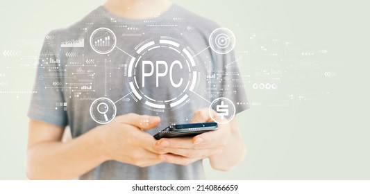 PPC - Pay per click concept with young man using a smartphone