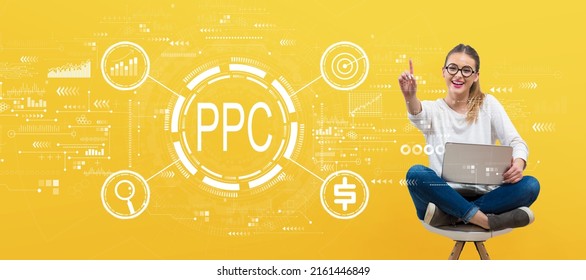 PPC - Pay per click concept with young woman holding her laptop