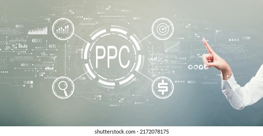 PPC - Pay per click concept with hand pressing a button on a gray background