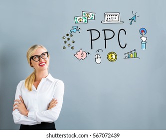 PPC text with business woman on a gray background