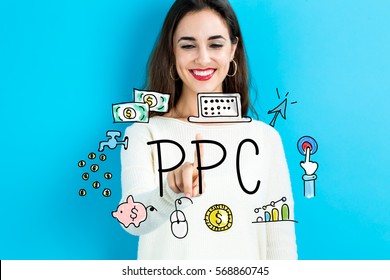 PPC text with young woman on a blue background