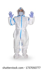 PPE Personal Protective Equipment For Airborne Contaminants.Complete Protection Kit Full Body Medical Coverall Suit, Facial Shield, Respirator Mask N95 Ffp3, Gloves, Shoe Covers, Plastic Googles.