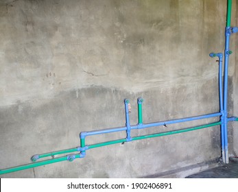Ppr pipe line green and blue Sanitary fitting. Ppr plastic pipes line water supply fitting. Sanitary pipes equipment. Plumbing equipment. fitting for water pipes