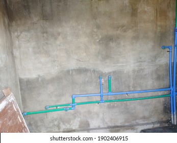 Ppr pipe line green and blue Sanitary fitting. Ppr plastic pipes line water supply fitting. Sanitary pipes equipment. Plumbing equipment. fitting for water pipes