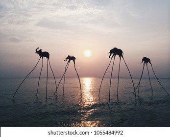 PQU QUOC VIETNAM 30 JANUARY 2017 - Sculptures Of Elephants Based On Dali Are In The Ocean At Sunset