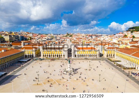 Praca do Comercio (Commerce square) and statue of King Jose I in Lisbon in a beautiful summer day, Portugal 