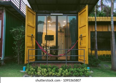 Prachuap Khiri Khan, Thailand April, 15, 2018 Beach Box Hotel Resort Built From Colorful Strong Metal Shipping Container, Modern Idea For Exterior Home Hotel Design In Garden