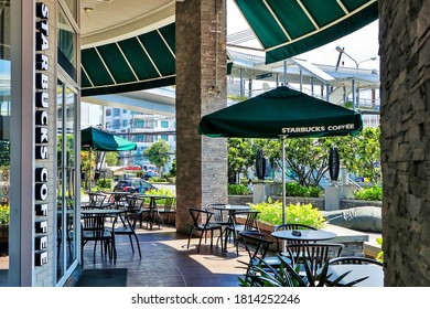 Prachuap Khiri Khan, Thailand -  September 5 2020,: Entrance Of Starbucks Coffee Shop, Outside Seating Of Starbuck At Market Village Huahin Thailand.