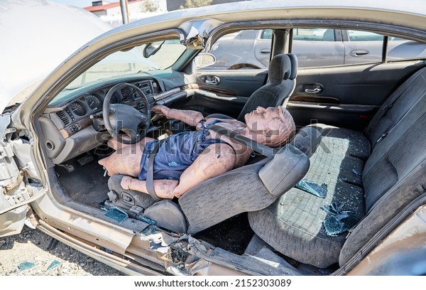 Practice Dummy\
in a crashed car for a\
demonstration