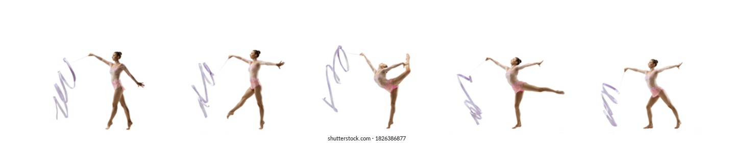 Practice. Little flexible girl isolated on white studio background. Little female rhythmic gymnastics artist in bright leotard. Grace in motion, action and sport. Doing exercises, collage with