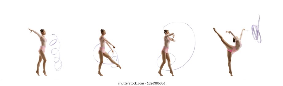 Practice. Little flexible girl isolated on white studio background. Little female rhythmic gymnastics artist in bright leotard. Grace in motion, action and sport. Doing exercises, collage with