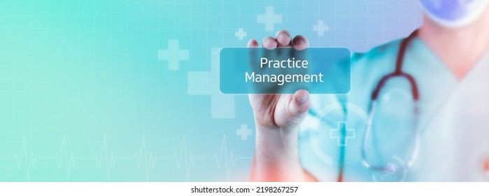 Practice Management. Doctor holds virtual card in hand. Medicine digital