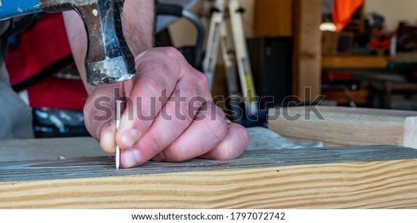 practice of striking a nail head with a hammer to\
drive it into wood.