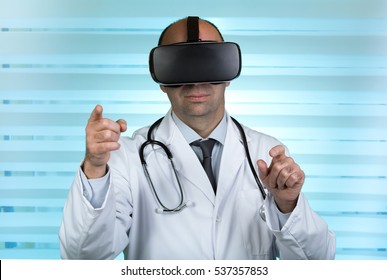 Practitioner In Virtual Medical Tour With VR Virtual Reality Glasses / Doctor Wearing Virtual Reality Glasses Conducting A Remote Clinical Consultation