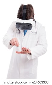 Practitioner In Virtual Medical Tour With VR Glasses Simulating A Surgery Isolated On White Background