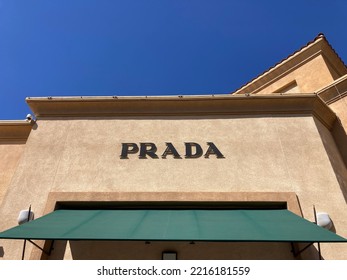 Prada Sign, Logo On The Store Facade At Desert Hills Premium Outlets Mall - Cabazon, California, USA - 2022