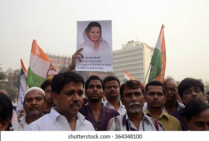 Pradesh Congress Activist With Sonia Gandhi Photographed Poster To Protest Against Against National Herald Issue On December 09, 2015 In Calcutta, India.
