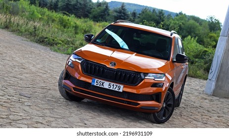 Prag, Czech Republic - September 1, 2022: Škoda Karoq Sportline Orange Facelift