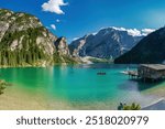 The Pragser Wildsee, Lake Prags, Lake Braies, natural lake in the Prags Dolomites in South Tyrol, Italy, municipality of Prags in the Prags Valley, Destination of the transport of concentration camp