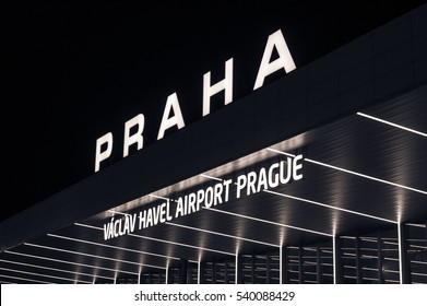 Prague Airport Main Station Entrance, Vaclav Havel Airport Prague - Ruzyne. Czechia Night View International Airport In Prague, Czech Republic. 