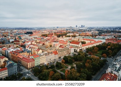 Prague architecture, aerial view. Historical buildings with red roofs in European city. Birds eye view of cityscape of Praha, Czech Republic - Powered by Shutterstock