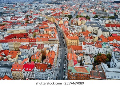 Prague architecture, aerial view. Historical buildings with red roofs in European city. Birds eye view of cityscape of Praha, Czech Republic - Powered by Shutterstock