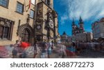 Prague Astronomical Clock timelapse hyperlapse, medieval astronomical clock, on the southern wall of Old Town City Hall in the Old Town Square, Prague, Czech Republic
