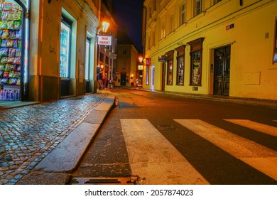 Prague - AUGUST 30 2017; Evening Urban Street Scene, Illuminated By Street Lights With Business Signs