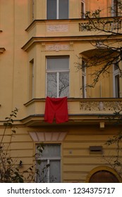 Prague Balcony In Vinohrady With Red Shorts As Protest Symbol Against President Milos Zeman.