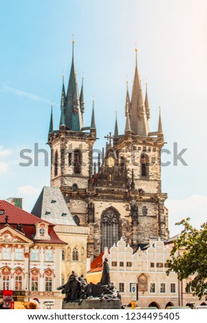 Prague, Bohemia, Czech Republic. Old town cityscape of Praha with Church of our lady before Tyn. Gothic construction.