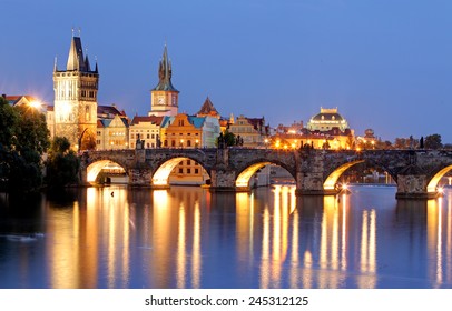 Prague Bridge At Night