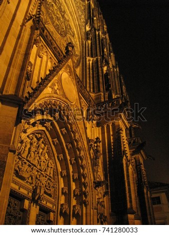 Prague Castle Cathedral Saint St Vitus in profile at night light