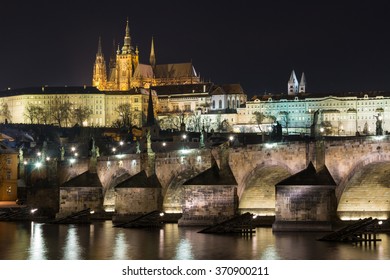 Prague Castle and Charles Bridge in the night.