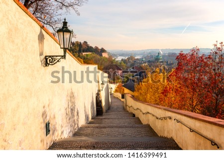 Prague Castle Hill in the autumn morning. Beautiful city view of Old Town and historic bridges, Czech Republic