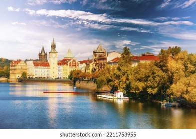 Prague Castle And Old City Day View With Blue Sky, Travel Vivid Autumn European Background