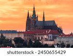 The Prague castle and the St. Vitus Cathedral in UNESCO site Prague in sunset.