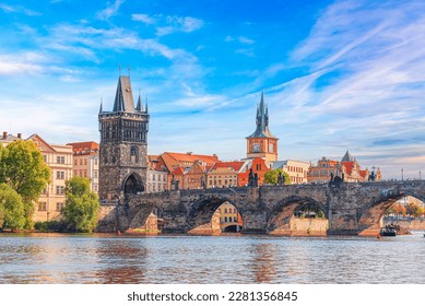Prague - Charles bridge, Czech Republic. Scenic aerial sunset on the architecture of the Old Town Pier and Charles Bridge over the Vltava River in Prague, Czech Republic. - Shutterstock ID 2281356845