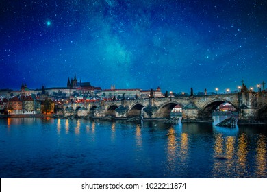 Prague City Landscapes On A Beautiful Clouudy Sunrise And Starry Night