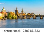 Prague cityscape and Charles bridge over Vltava river, Czech Republic