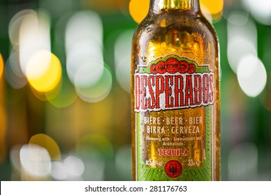 PRAGUE, CZ - MAY 5, 2015: Desperados, a pale lager flavored with tequila is a popular beer produced by Heineken and sold in over 50 countries.