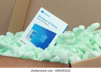 Prague, CZ-14 January 2021: Microsoft Windows 10 Home USB Flash Drive Retail  Installation Box For Desktop Fall In Packaging Foam Peanuts.